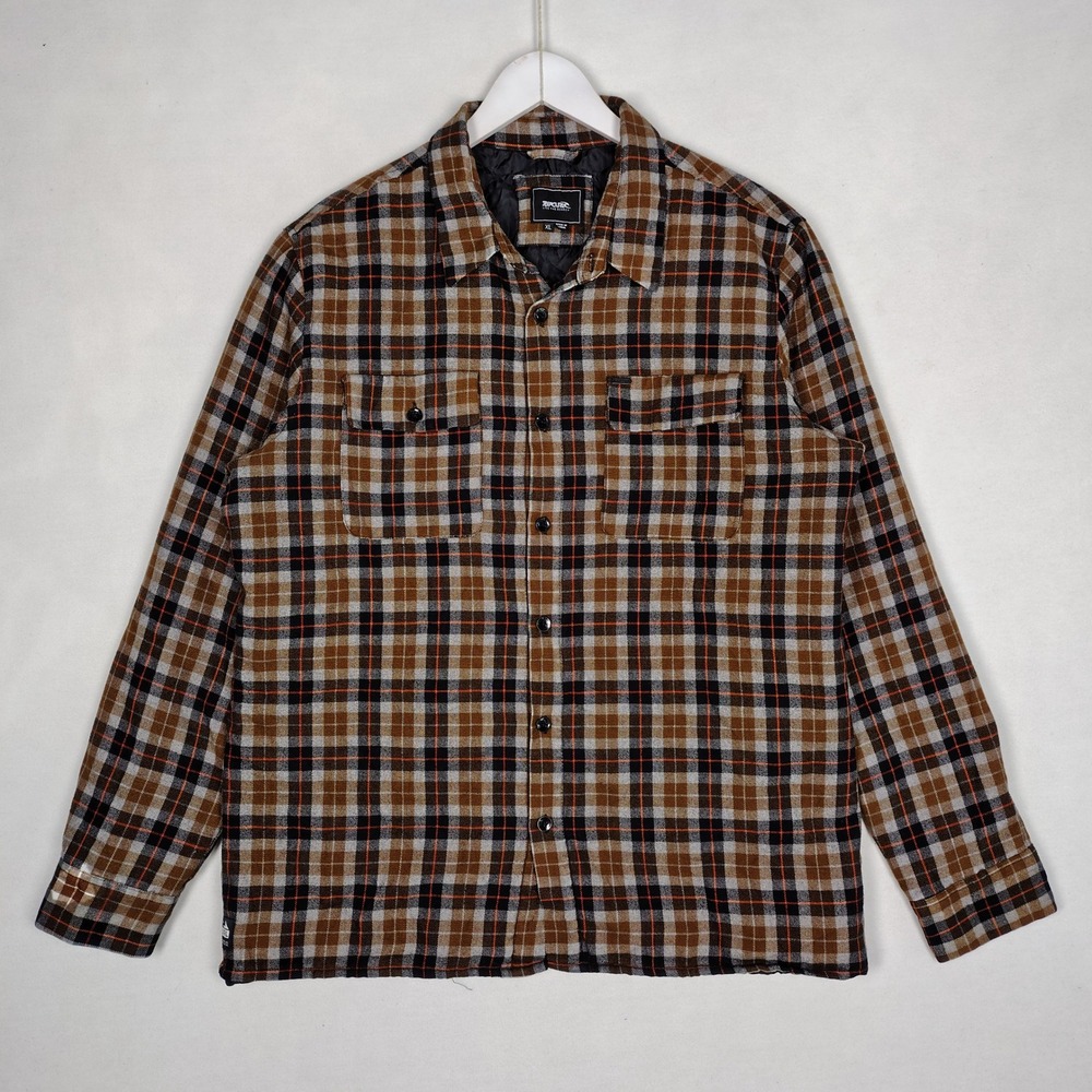 Rip Curl Mens XL Plaid Quilted Lined Flannel Shirt Jacket Brown Orange Insulated
